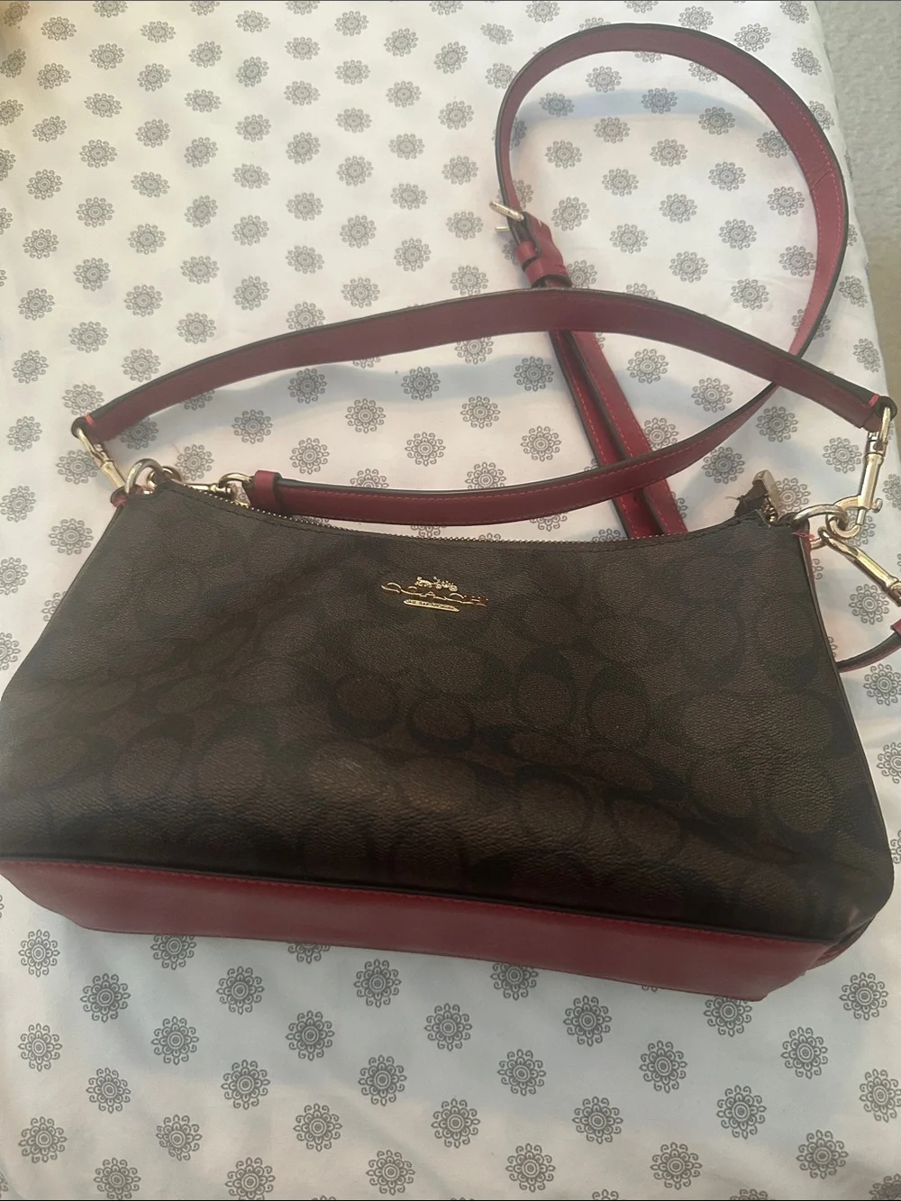 Coach Brown Signature Canvas Crossbody with Burgundy Trim